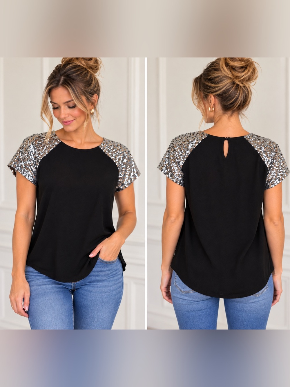 ✨ Wild Blue by Sadie Robertson Black & Silver Sequin Sleeve Top – S